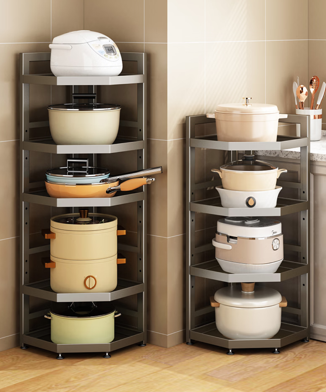 日本MUJIU厨房三角置物架落地多层锅架转角靠墙放锅收纳三脚架子